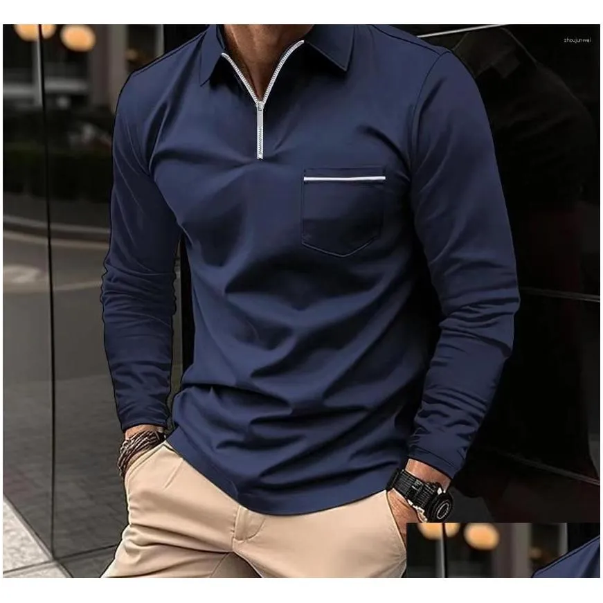 Men`S Polos Mens S T-Shirts For Men Fashion Versatile Casual Solid Color Zip Pocket Long Sleeved Sports Loose Fitting Shirt Autumn 202 Otz4M