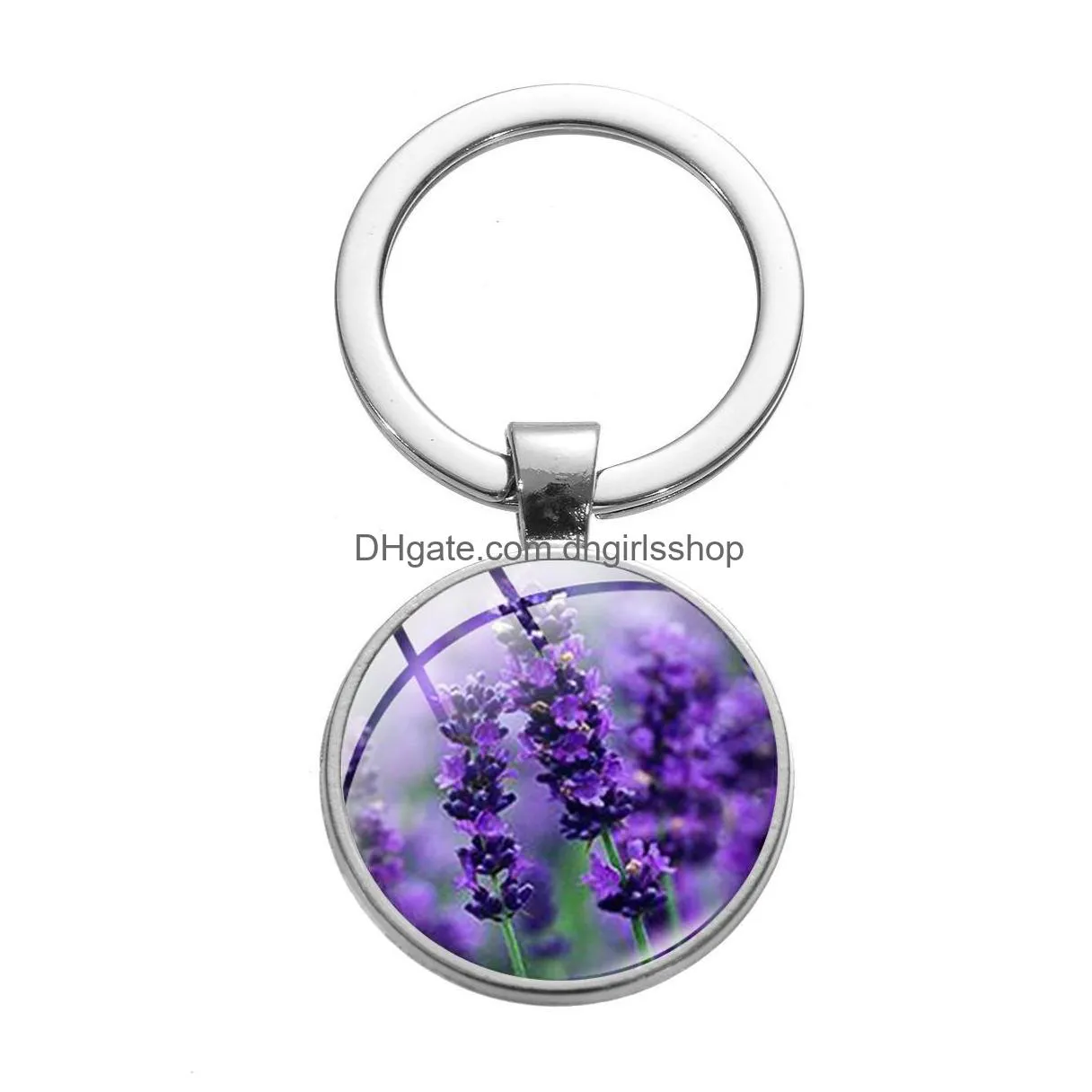 Key Rings Lavender Glass Cabochon Key Rings Metal Picture Keychain Handbag Hangs For Women Children Fashion Jewelry Will And Jewelry Dhhv3