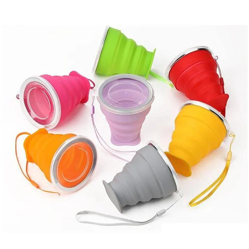 Other Drinkware 200Ml Sile Folding Cup Drinkware Mtifunction Tumblers Retractable Outdoor Travel Cam Water Cups Mug With Lanyard 12 Co Dhmhc