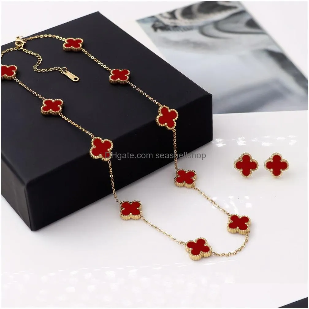 Earrings & Necklace Brand Clover Necklace Earrings Set Gold Earring Stainless Steel For Women High Quality Crystal Jewelry Jewelry Jew Dhfdn