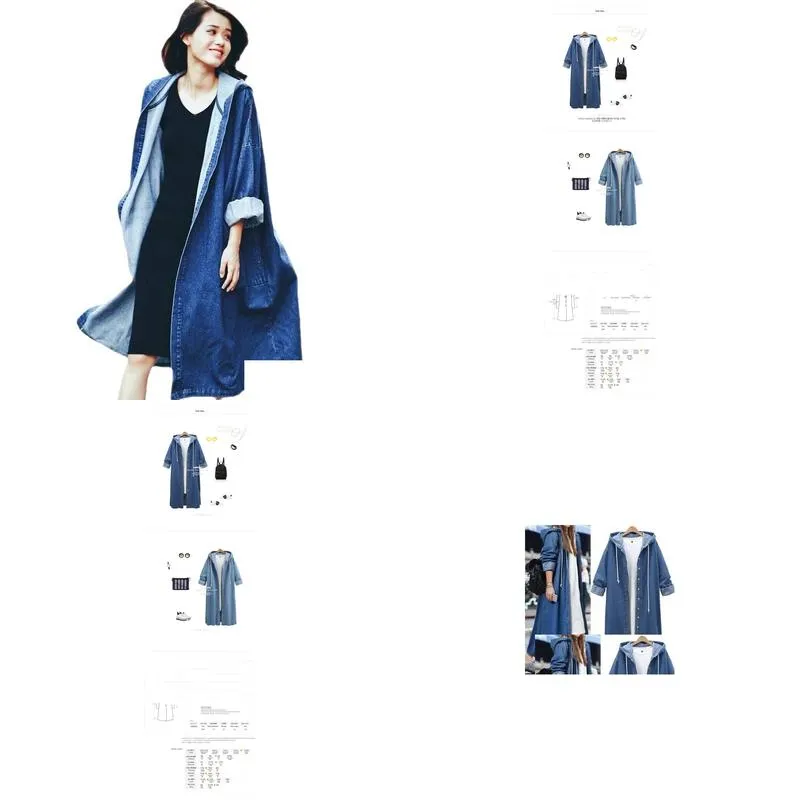 Women`S Plus Size Outerwear & Coats Hooded Long-Sleeved Denim Jacket Single-Breasted Long Trench Coat Apparel Plus Size Women`S Plus S Otv3P