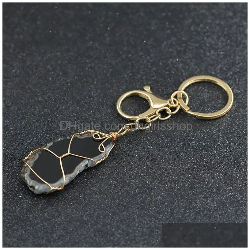 Key Rings Gold Key Rings Diy Natural Druzy Agate Stone Healing Crystal Keychain Bag Hangs For Women Men Fashion Jewelry Jewelry Dhif8