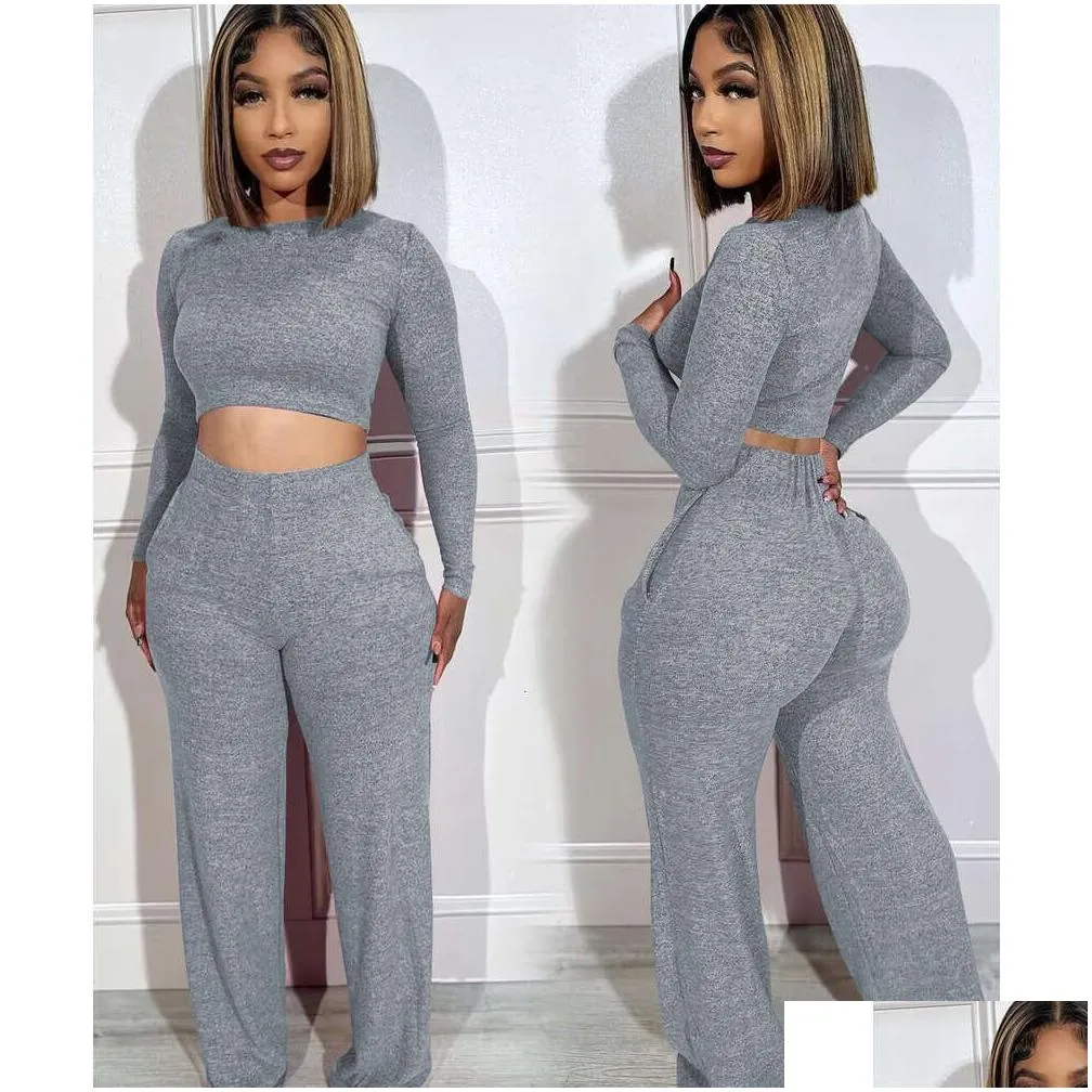 Women`S Tracksuits Women Fall Clothes New Fashion Open Button Long Sleeve Top Pants Casual Two Pieces Set Wid Leg Apparel Women`S Clot Otohg