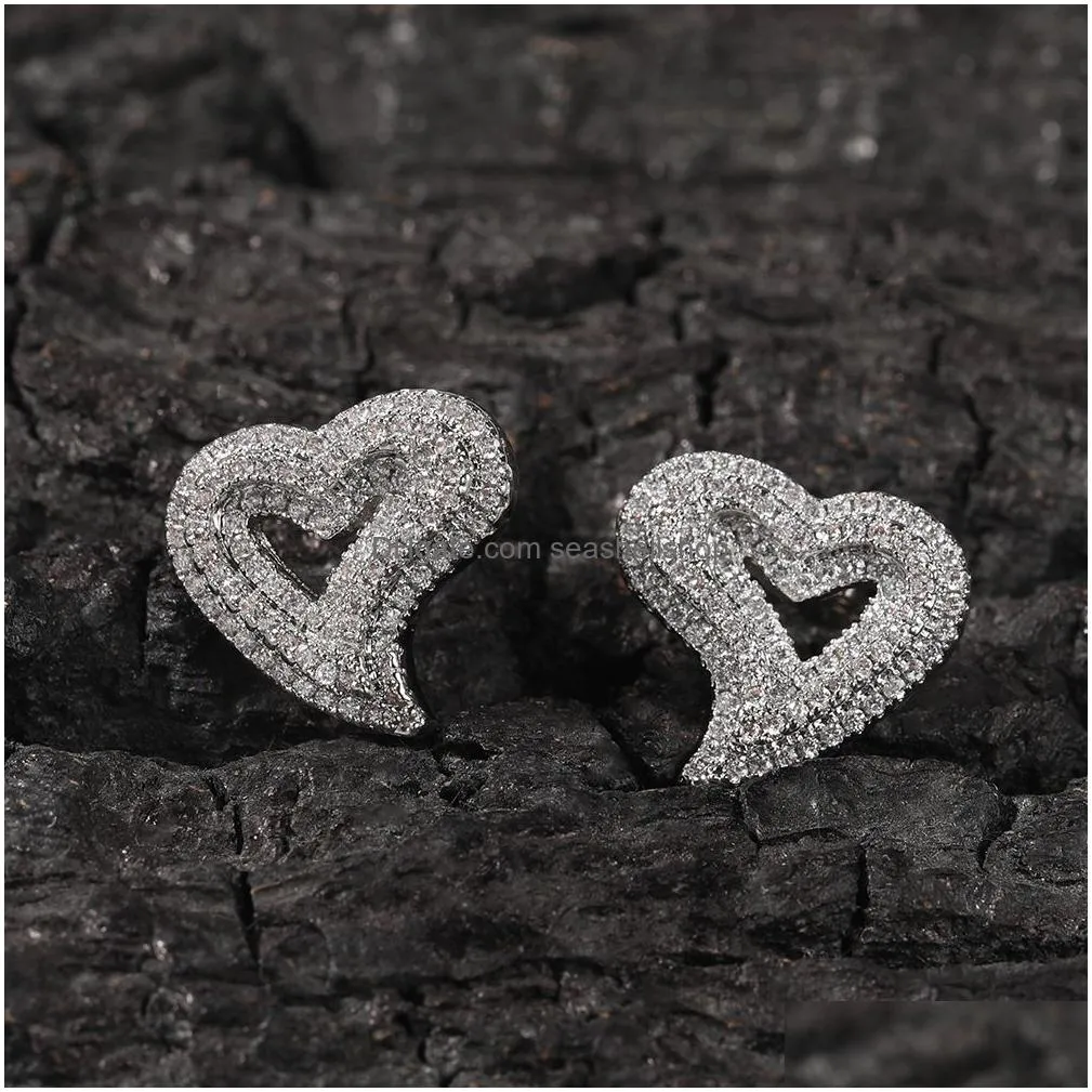 Stud 1 Pair Hip Hop Claw Set Cz Stone Bling Ice Out 3 Layers Heart Stud Earrings For Men Women Uni Lovers Rapper Jewelry Jewelry Earri Dhi70