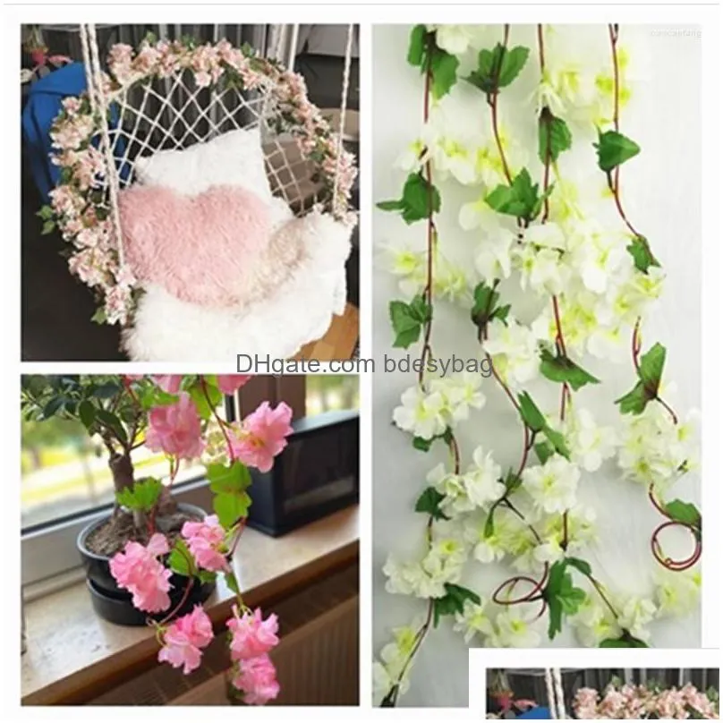 Decorative Flowers 2X Artificial Cherry Blossom Flower Wall Hanging Vine Rattan Garland Wedding El Diy Beautif Holiday Decorition Dhxh9