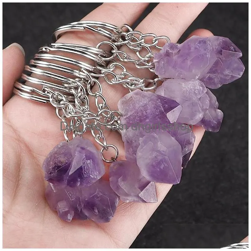 Key Rings Natural Stone Amethyst Keychain Rough Mineral Specimen Single Crystal Irregar Key Ring Bag Hanging Jewelry Pendant Will And Dhpce