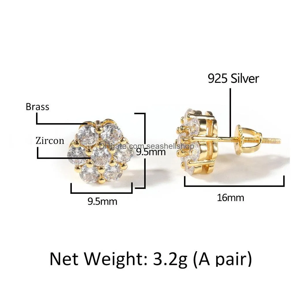 Stud Hip Hop Claw Setting Cz Stone Bling Ice Out Plum Blossom Flower Stud Earring For Women Men Uni Rapper Jewelry Jewelry Earrings Dhyvz