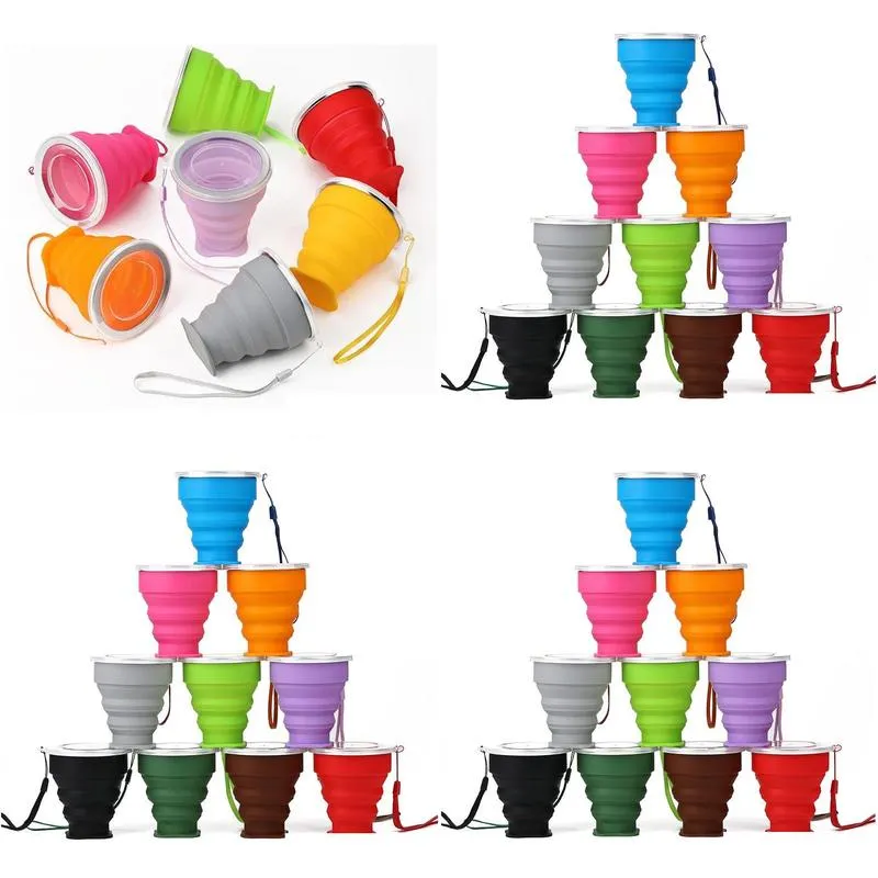 Other Drinkware 200Ml Sile Folding Cup Drinkware Mtifunction Tumblers Retractable Outdoor Travel Cam Water Cups Mug With Lanyard 12 Co Dhmhc