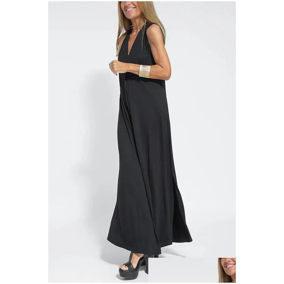 Street Style Dresses Fashionable Solid Color Women Y V-Neck Irregarity Ruffled Maxi Dress Sleeveless Casual Loose Plain Long Cardigan Otkae