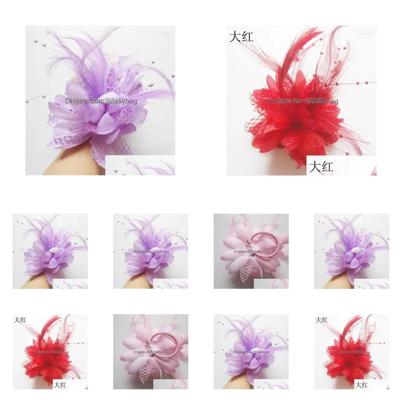 Decorative Flowers 11Cm Silk Roses Feather Pearl With Clip Elastic Cord Floral Head Wreath Christmas Headband Wrist Cors Dhkf5