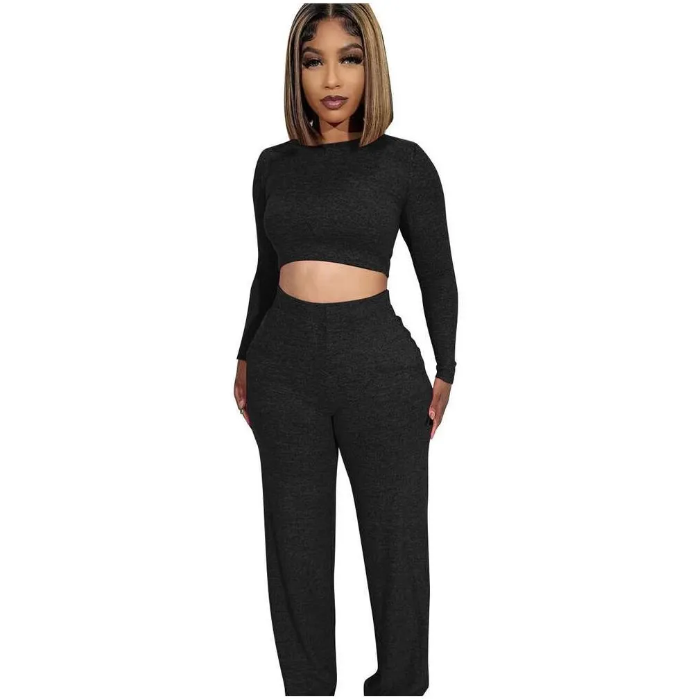 Women`S Tracksuits Women Fall Clothes New Fashion Open Button Long Sleeve Top Pants Casual Two Pieces Set Wid Leg Apparel Women`S Clot Otohg