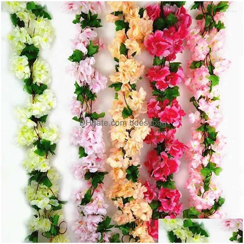 Decorative Flowers 2X Artificial Cherry Blossom Flower Wall Hanging Vine Rattan Garland Wedding El Diy Beautif Holiday Decorition Dhxh9