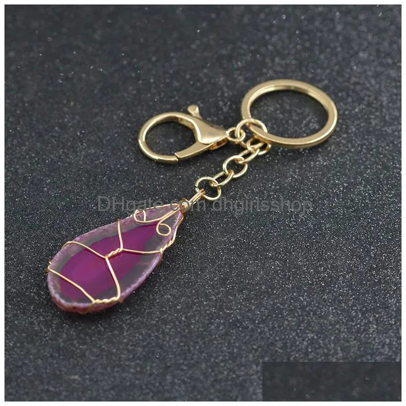 Key Rings Gold Key Rings Diy Natural Druzy Agate Stone Healing Crystal Keychain Bag Hangs For Women Men Fashion Jewelry Jewelry Dhif8