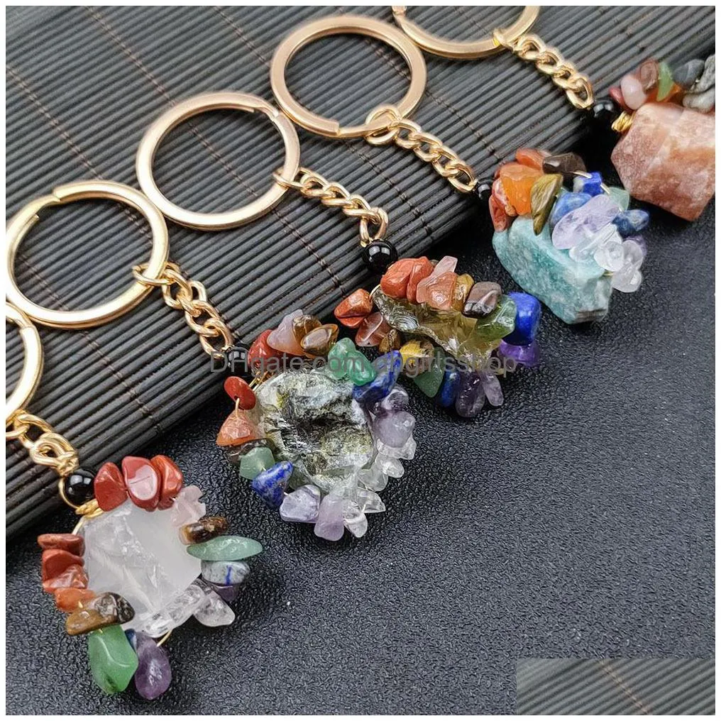 Key Rings Folk Crafts Gemstone Natural Stone Key Ring Quartz Rough Amethyst Tiger Eye Crystal Keychain Agate Ore Meditation Pendant Ha Dh7Mk