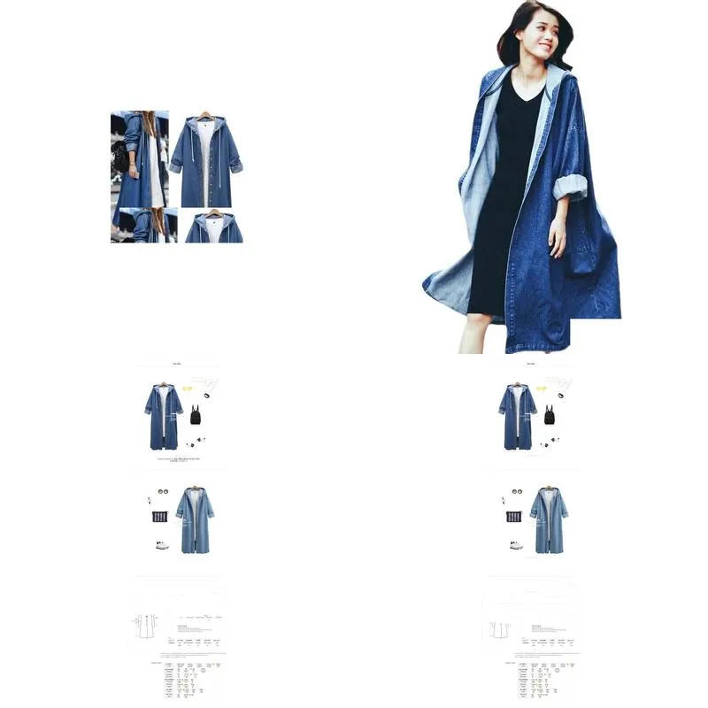 Women`S Plus Size Outerwear & Coats Hooded Long-Sleeved Denim Jacket Single-Breasted Long Trench Coat Apparel Plus Size Women`S Plus S Otv3P