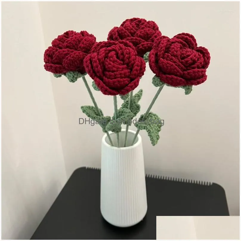 Decorative Flowers 1Pc Knitted Rose Flower Fake Bouquet Wedding Party Decoration Hand Knitting Cloghet Woven Home Table Dhpjh