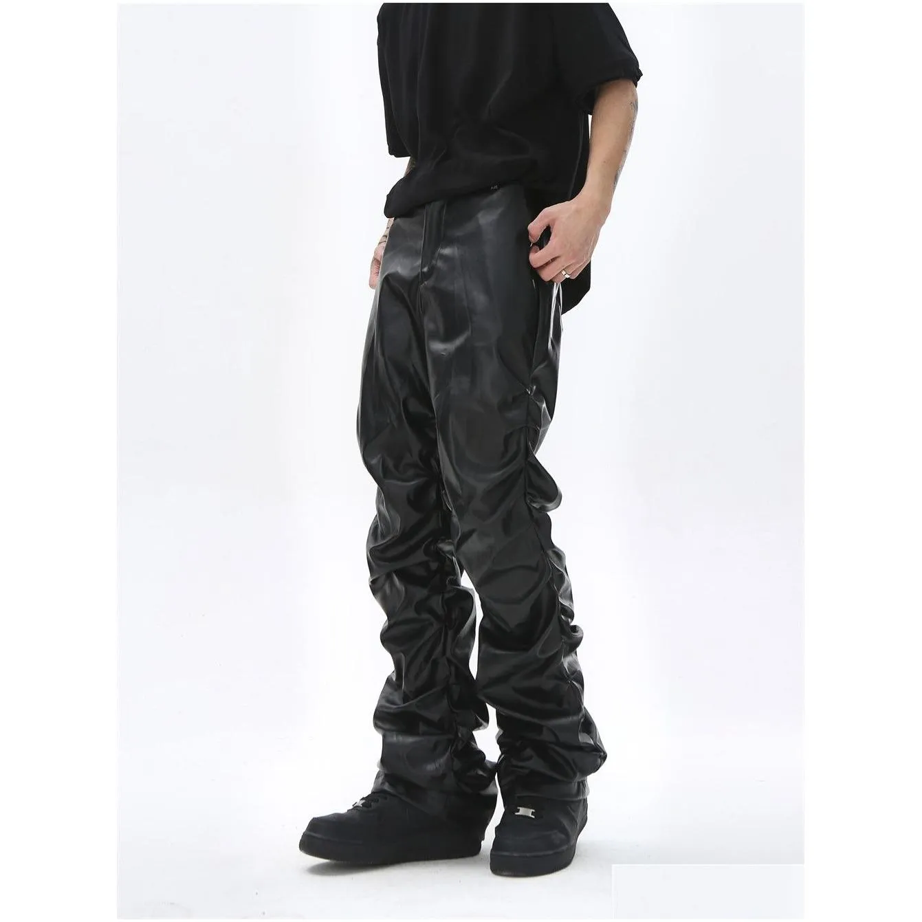 Men`S Pants Hip Hop Mens Pu Leather Stacked Pants Retro Streetwear Loose Casual Trousers Straight Solid Color Apparel Men`S Clothing Ot4Pc