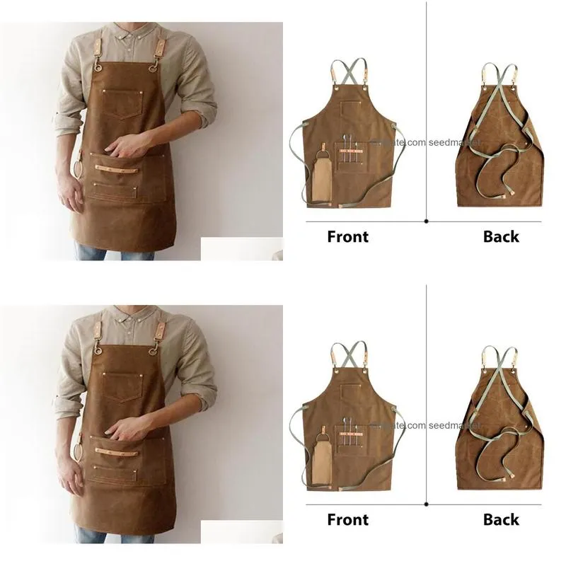 bbq canvas apron bib leather chef kitchen for women men barista bartender pockets home barber cook coffee restaurant lj2008155264732