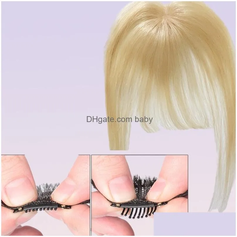 blonde clip in bangs 3d fringe human hair topper extension crown hairpiece for women short angle brown69316654026195