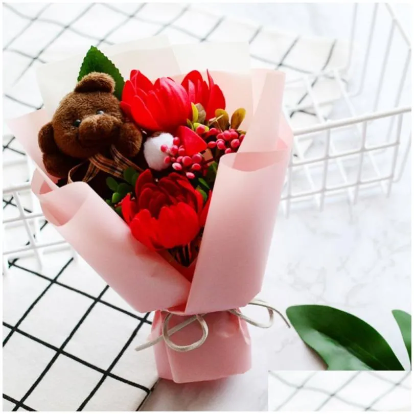 Decorative Flowers & Wreaths Rose Flower Soap Dried Bear Gift Box Birthday Home Garden Festive Party Supplies1