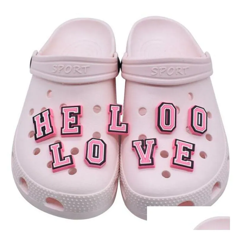 Cartoon Accessories Diy Custom English Letter Clog Shoe Charms Pvc Pink Soft Rubber Decoration Buckle For Bracelet Wristband Baby, Kid Dhjyb