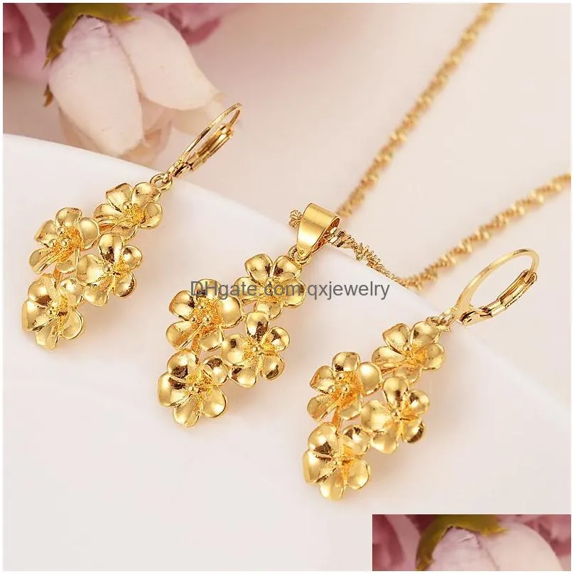 Earrings & Necklace Golden Flowers Assembled Beautif Fine 18K Gold Pendant Chain Earrings Flower Set Jewelry Bride Wedding Bijoux Gift Dh7Jk