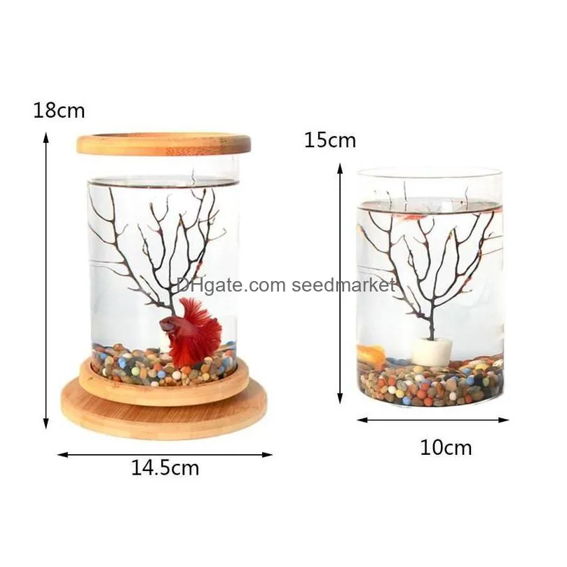 360° Rotating Glass Betta Fish Tank Aquarium With Bamboo Base Mini