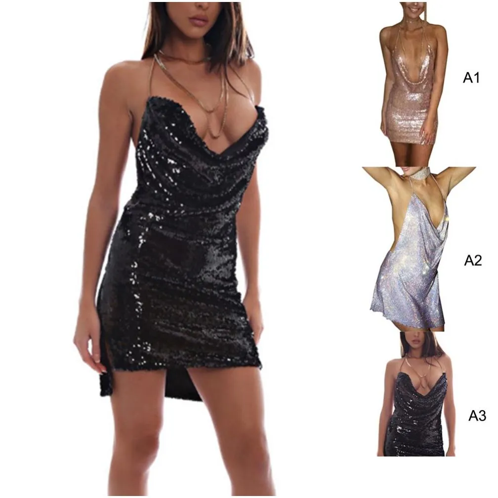 sequin dress 2023 summer sexy backless dress womens sleeveless party night club metal dress diamond chain clothing