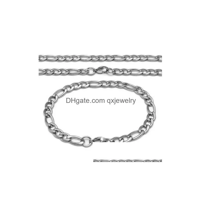Bracelet & Necklace New 22 8 5 316L Stainless Steel Jewlery Set 7Mm Wide Figaro Nk Chain Link Necklace Bracelet For Fashion 304V Jewel Dhckl