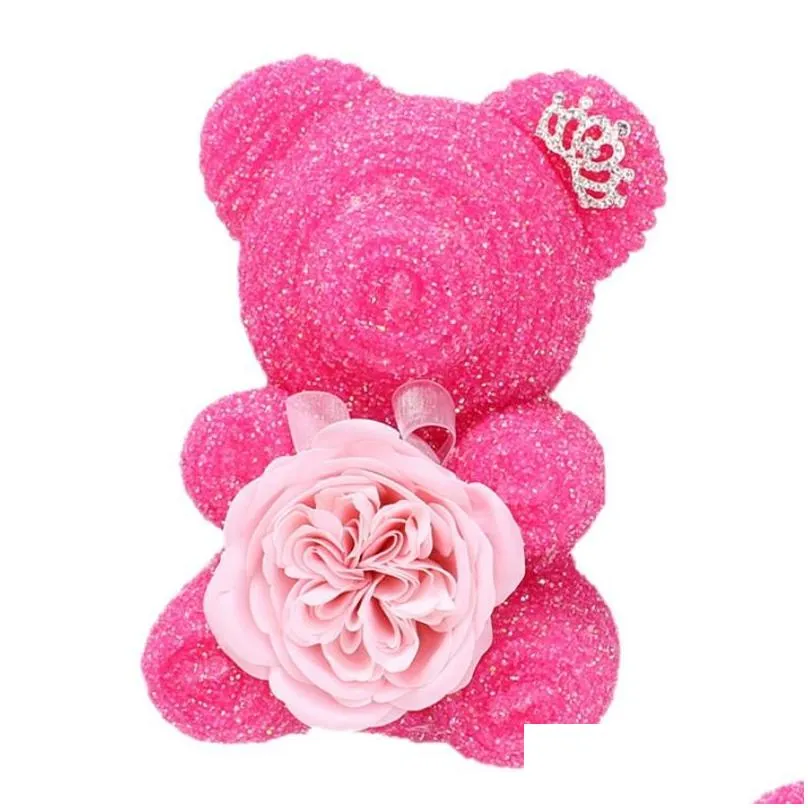 Decorative Flowers & Wreaths Crystal Diamond Rose Bear With Emulated Soap Flower And Crown Birthday Wedding Party Valentine`s Day Gift