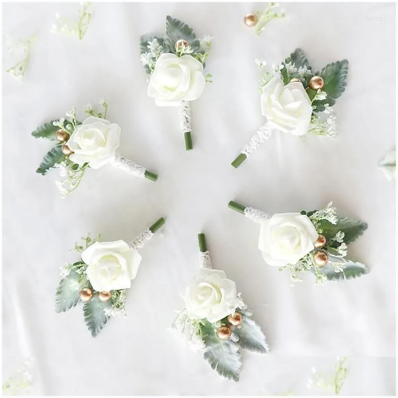 decorative flowers artificial faux wedding corsage pins white pink groom boutonniere buttonhole men witness marriage accessories