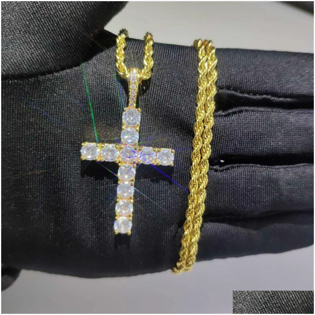 Pendant Necklaces Shinning Diamond Stone Crucifix Cross Pendants Necklace Stainless Steel Jewelry Platinum Plated Men Women Lover Gift Dhncg