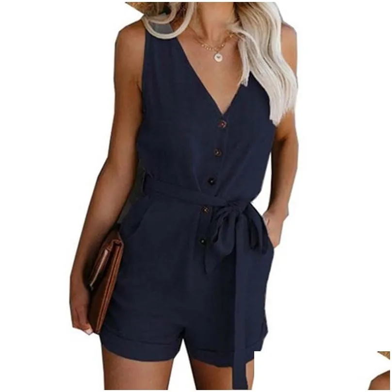 sleeveless womens jumpsuits and rompers v neck jumpsuit lady summer shorts pant rompers with pocket plus size