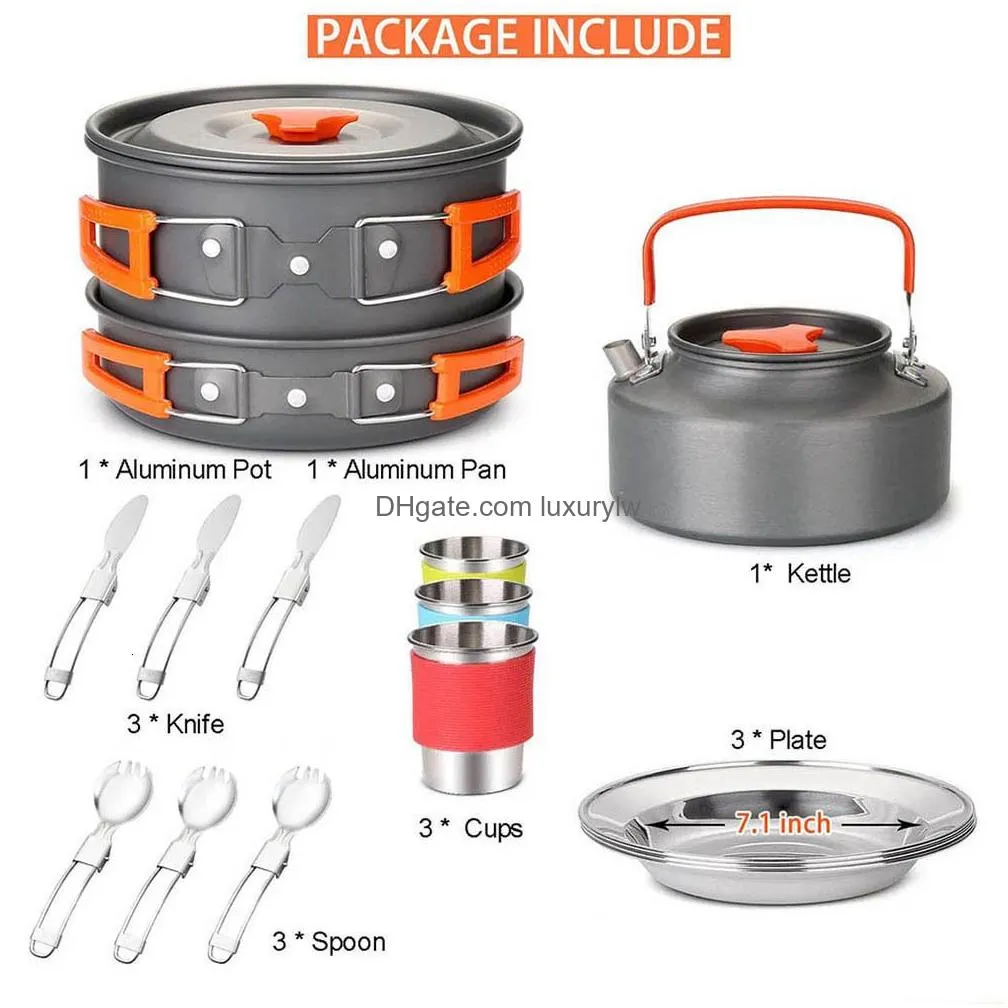 Camp Kitchen Camp Kitchen Cam Travel Equipment Tableware Cookware Kit Pots Gas Stove Accessories Utensils Sets Picnic Bbq Supplies Spo Dhsd7