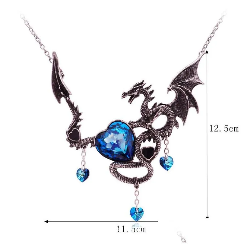 Pendant Necklaces Fashion Heart-Shaped Gemstone Alloy Pendant Gothic Punk Fire-Breathing Dragon Necklace Jewelry Jewelry Necklaces Pen Dhpto