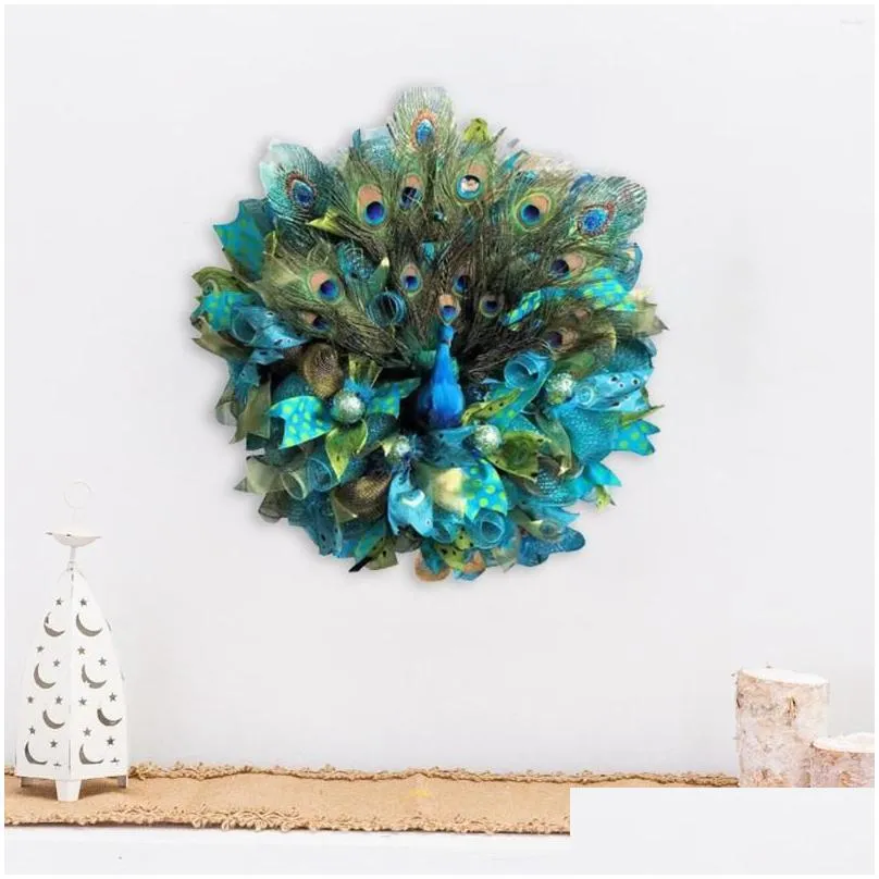 Decorative Flowers Peacock Wreath Artificial Decor Wall 45cm Outdoor Indoor Round House Garland