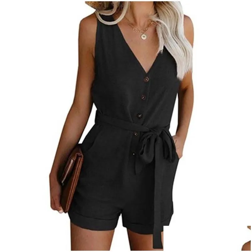 sleeveless womens jumpsuits and rompers v neck jumpsuit lady summer shorts pant rompers with pocket plus size