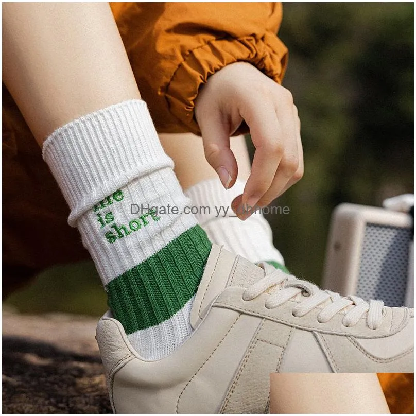 womens stockings color match embroidery cotton socks ventilate couple white stockings uniform size unisex sport long socks