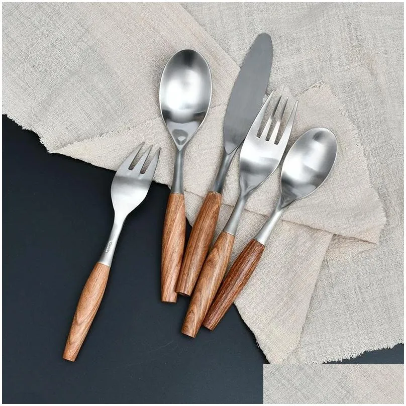 Dinnerware Sets Stainless Steel Cutlery Wooden Handle Dinner Fork Dessert Spoon Knife Coffee Teaspoon Fruit Forks Kitchen Tableware