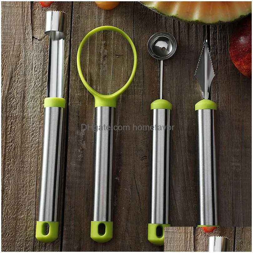 4 pack fruit carving tool knife kit watermelon baller slicer stainless steel fruit corer cutter for ice cream melon scoop plate
