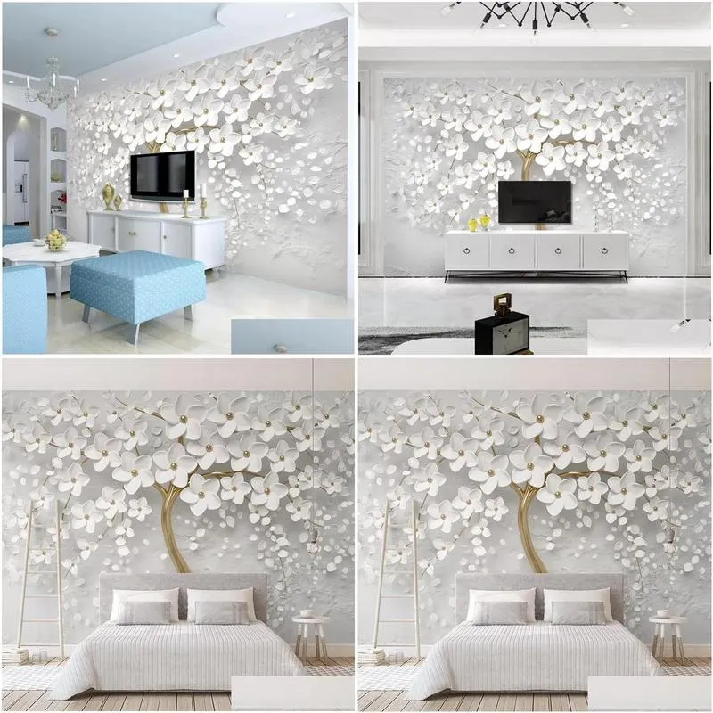 Wallpapers Wallpapers Custom Po Murale 3D Wallpaper Wall Murals Embossed Trees Modern Aesthetics White Mural Living Room Sofa Bedrooma Dhf7V