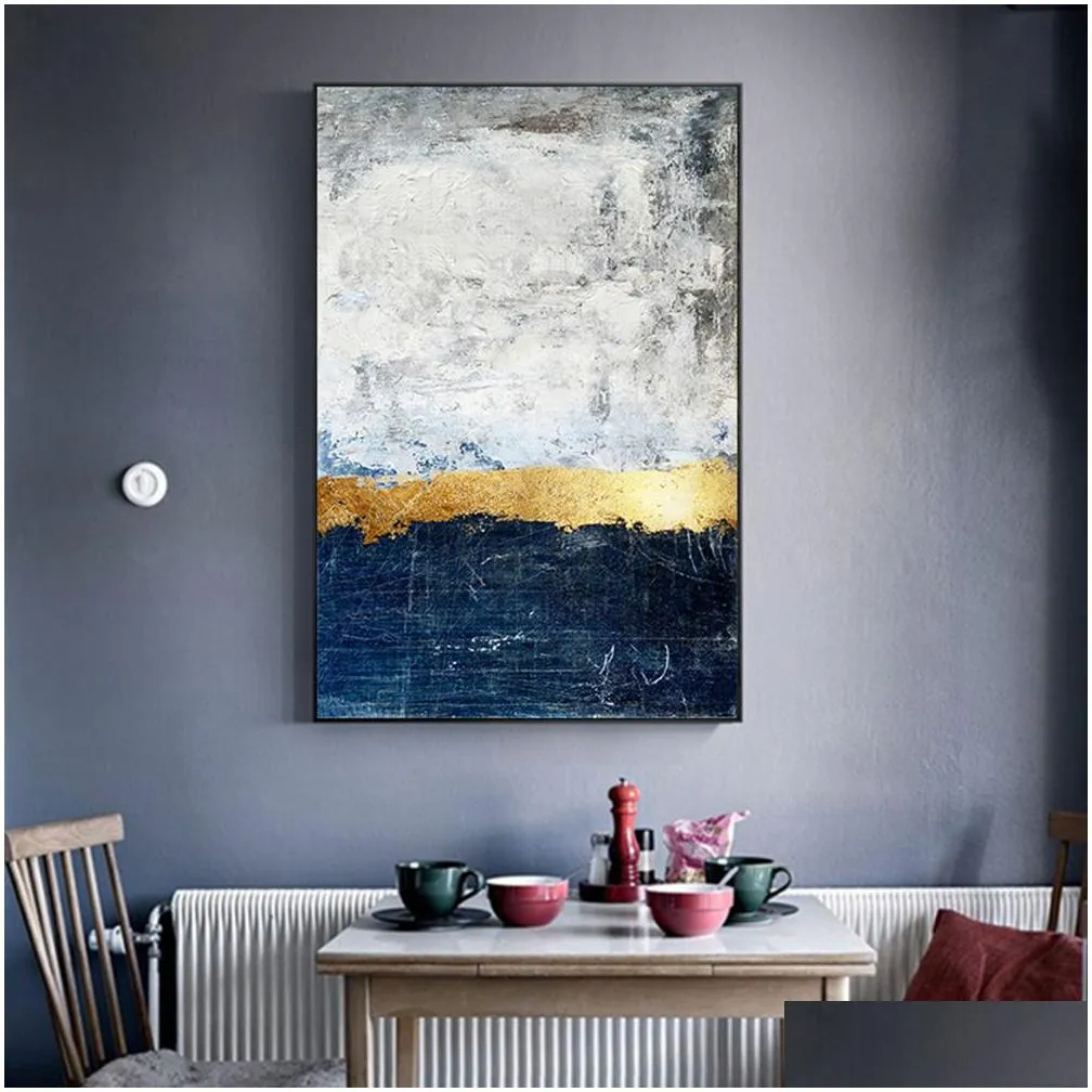 abstract gold block blue canvas poster and print painting modern golden wall art nordic navy picture for living room decoration