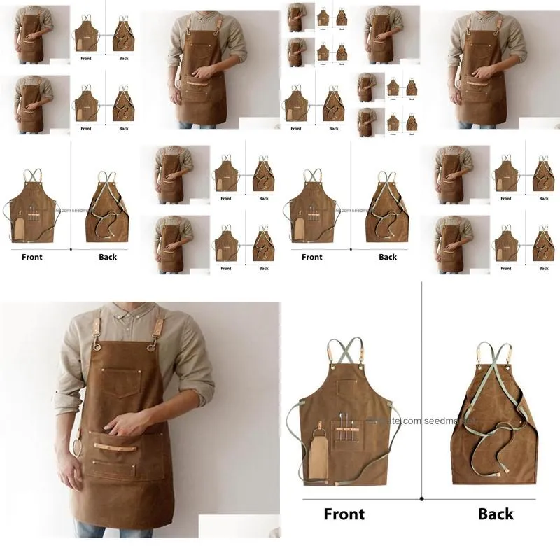 bbq canvas apron bib leather chef kitchen for women men barista bartender pockets home barber cook coffee restaurant lj2008155264732