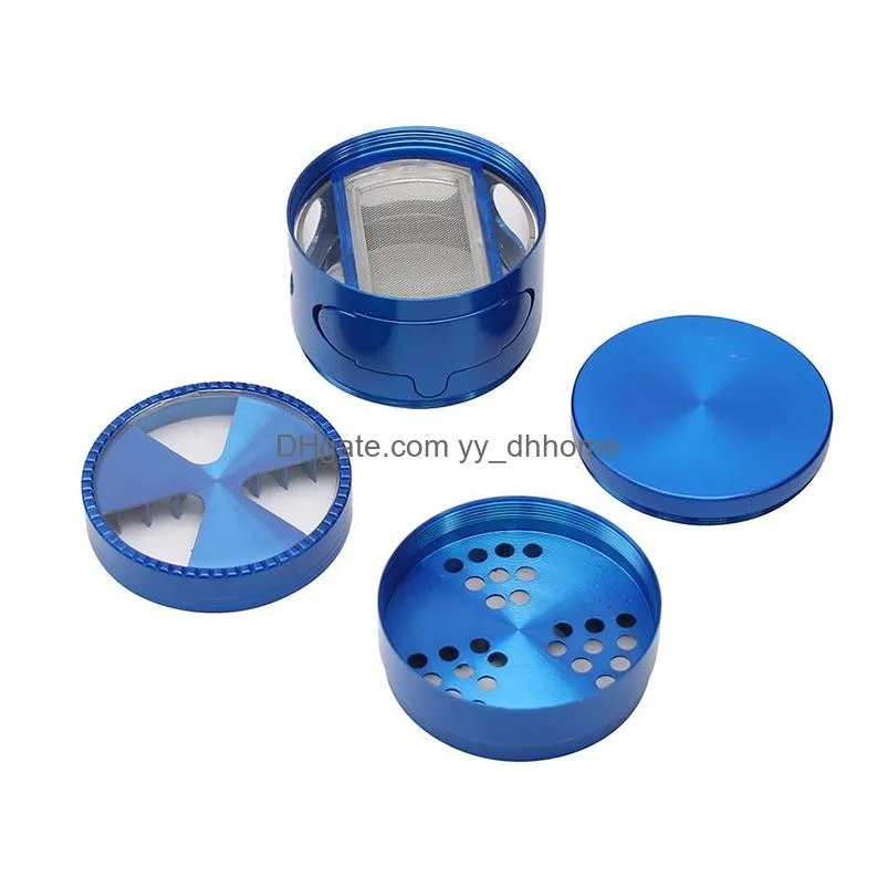 tobacco smoking herb grinders four layers aluminium alloy material 100% metal dia 63mm mixed color with clear top window lighting