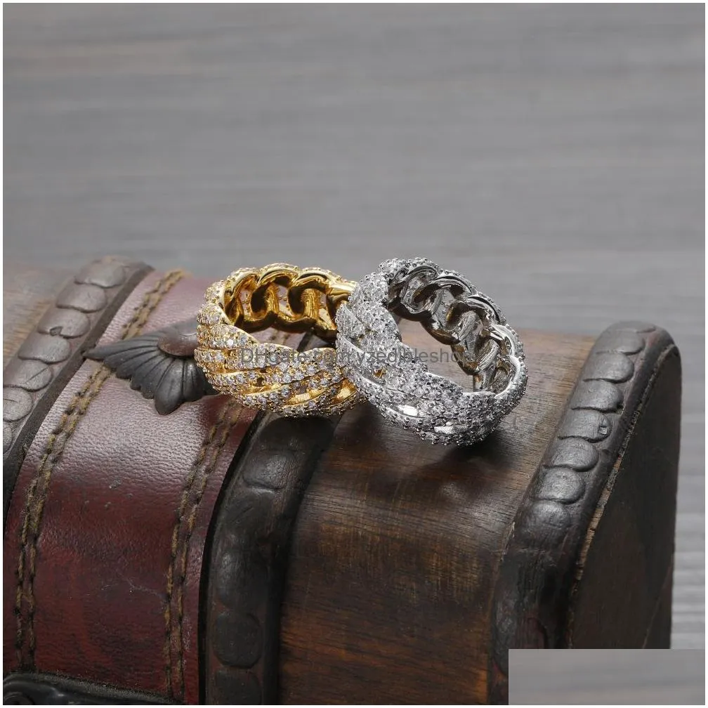 10mm hip hop 2 rows cz stone bling iced out round cuban chain finger rings for men rapper ring jewelry gold silver color