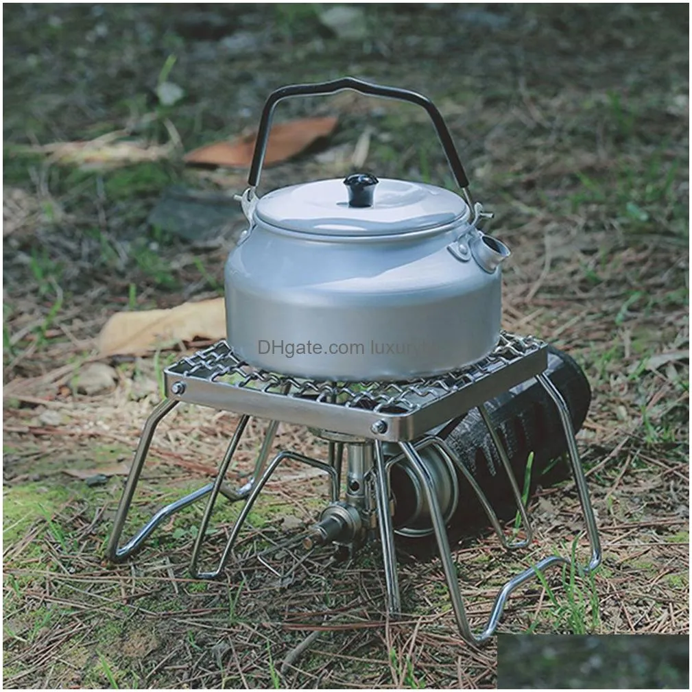 Camp Kitchen Camp Kitchen Mtifunctional Folding Campfire Grill Portable Stainless Steel Cam Grate Gas Stove Stand Outdoor Wood Sports Dhznq