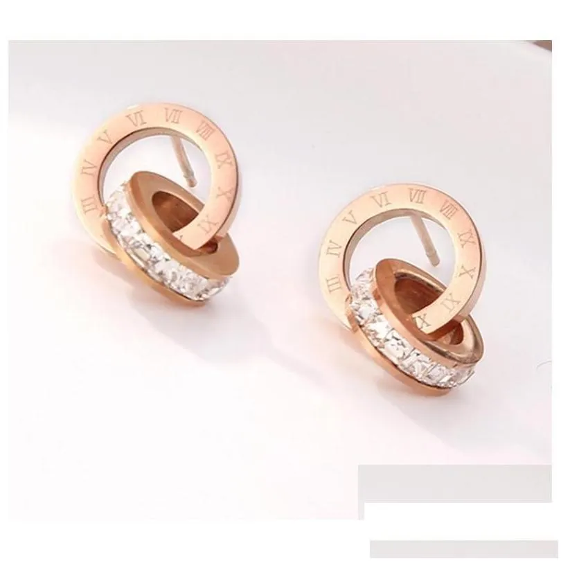 stud crystal diamond earrings rose gold fashion titanium steel double wound roman numerals studs earring for girl women gift jewelry