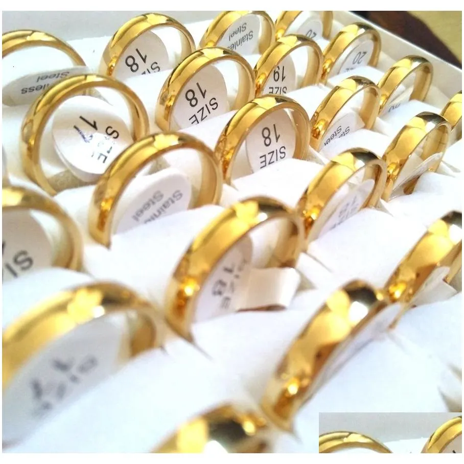 Band Rings Band Rings Bk Lots 50Pcs Gold Plate 4Mm Couple Stainless Steel Fashion Lovers Wedding Jewelry Anniversary Gift Wholesale 22 Dhvxg
