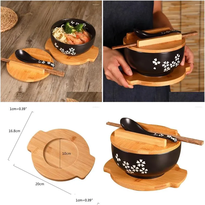 Bowls Japanese Style Crockery Bowl Korean Vintage Noodles Rice Ceramic Instant Noodle Chopsticks Lid Spoon Pad Drop