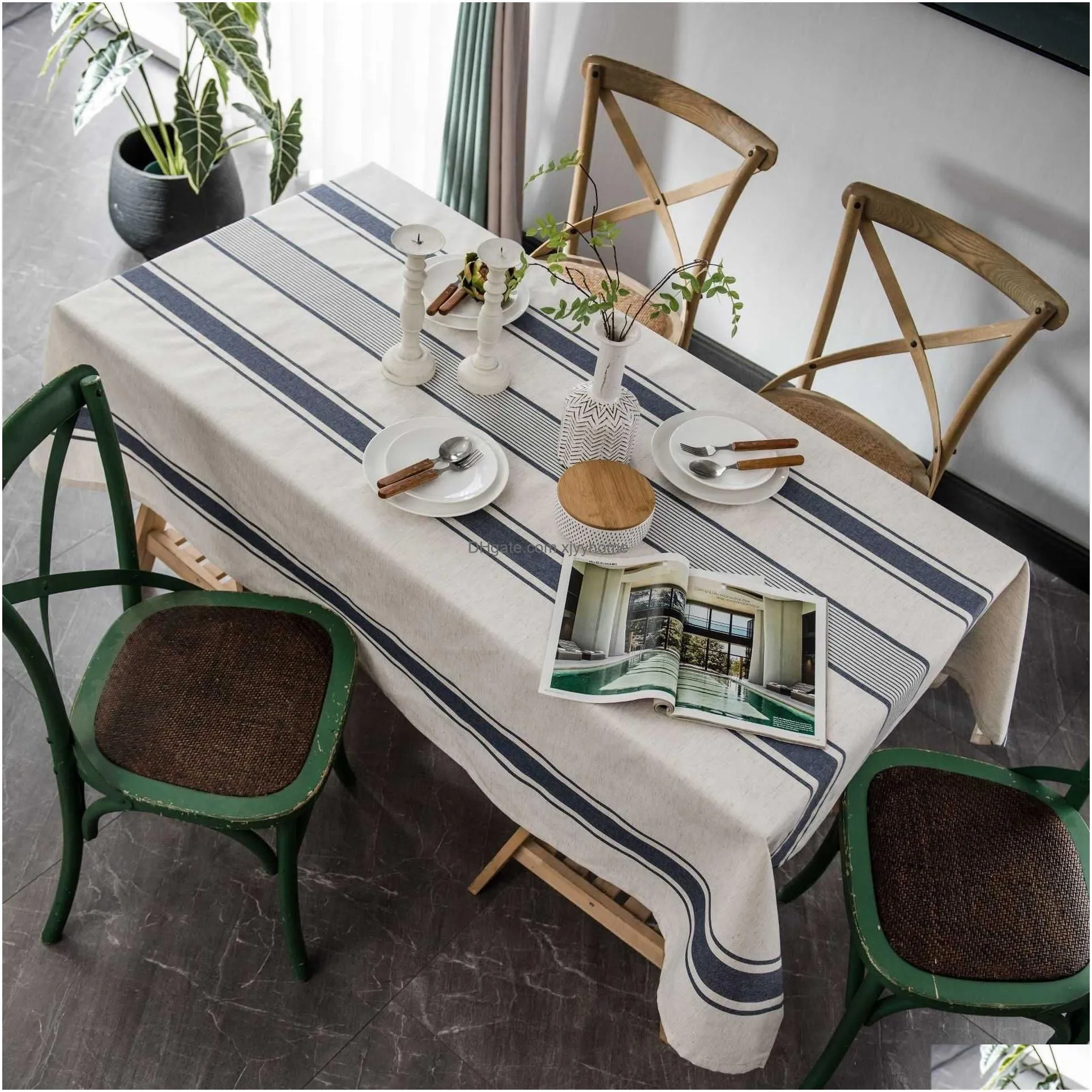 Table Cloth Table Cloth Vintage Linen Cotton Striped Tablecloth For Home Decoration Dustproof Dining Party Banquet Runner Mantel Home Dhbpz